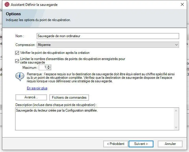 assistant sauvegarde options